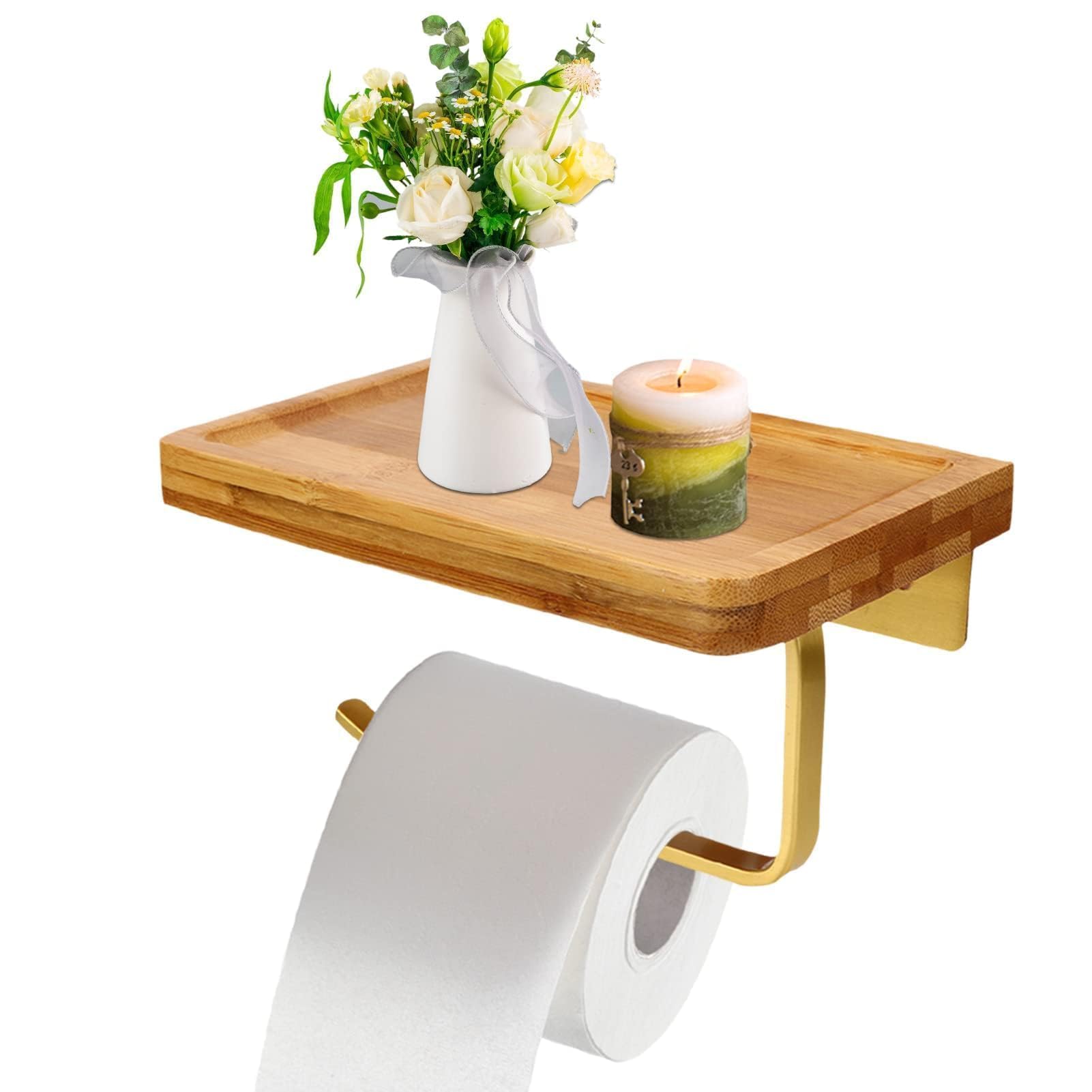 Toilet Roll Holder Wall Mounted,7.9x4.7x4.1in Toilet Paper Roll Holder with Shelf,Wooden Gold Toilet Paper Holder Wall Mounted Home Decor Accessories for Kitchen Bathroom