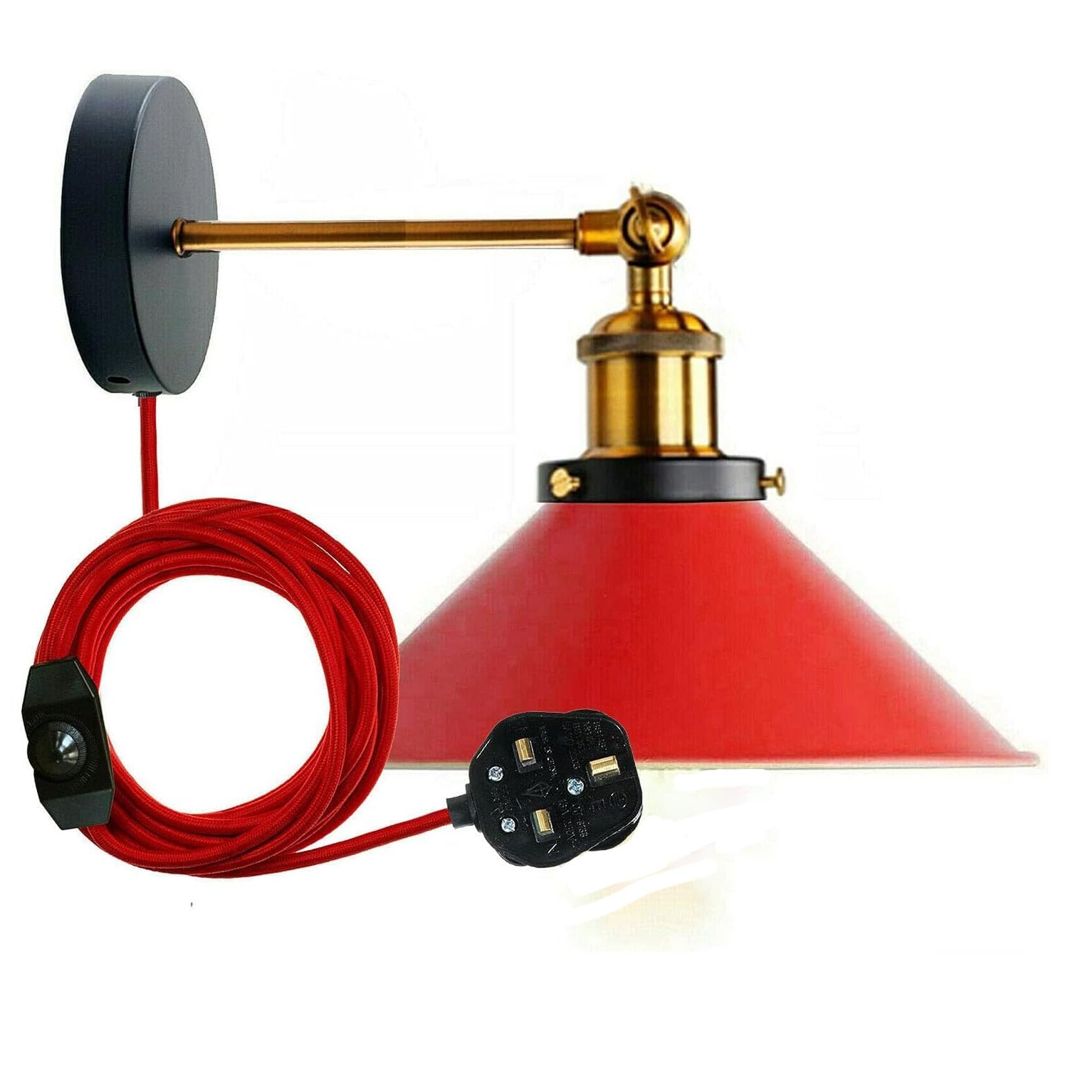 LEDSone Industrial Wall Sconce Adjustable Arm Light dimmer Switch Plug in 22cm Red Metal Cone Lamp Shade with E27 Base Wall Lights for Restaurant Office and Indoor Home Decor