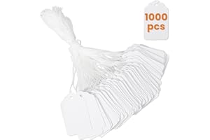 1000 PCS White Price Tags with String Attached, 1.75 x 1.1 Inches, Goefun Writable Label Strung Marking Tags for Pricing, Hanging, Clothing, Jewelry, Garage/Yard Sale, 250 GSM