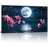 Derkymo Full Moon Canvas Wall Art Pink Magnolia Flower Picture Blue Ocean Under Moonlight Calmful Landscape Painting for Living Room Wall Decor 20"x36"