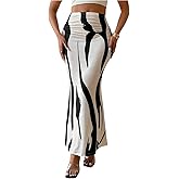 GORGLITTER Women's Graphic Print Fitted Mermaid Skirt High Waisted Elastic Ruched Bodycon Maxi Skirt