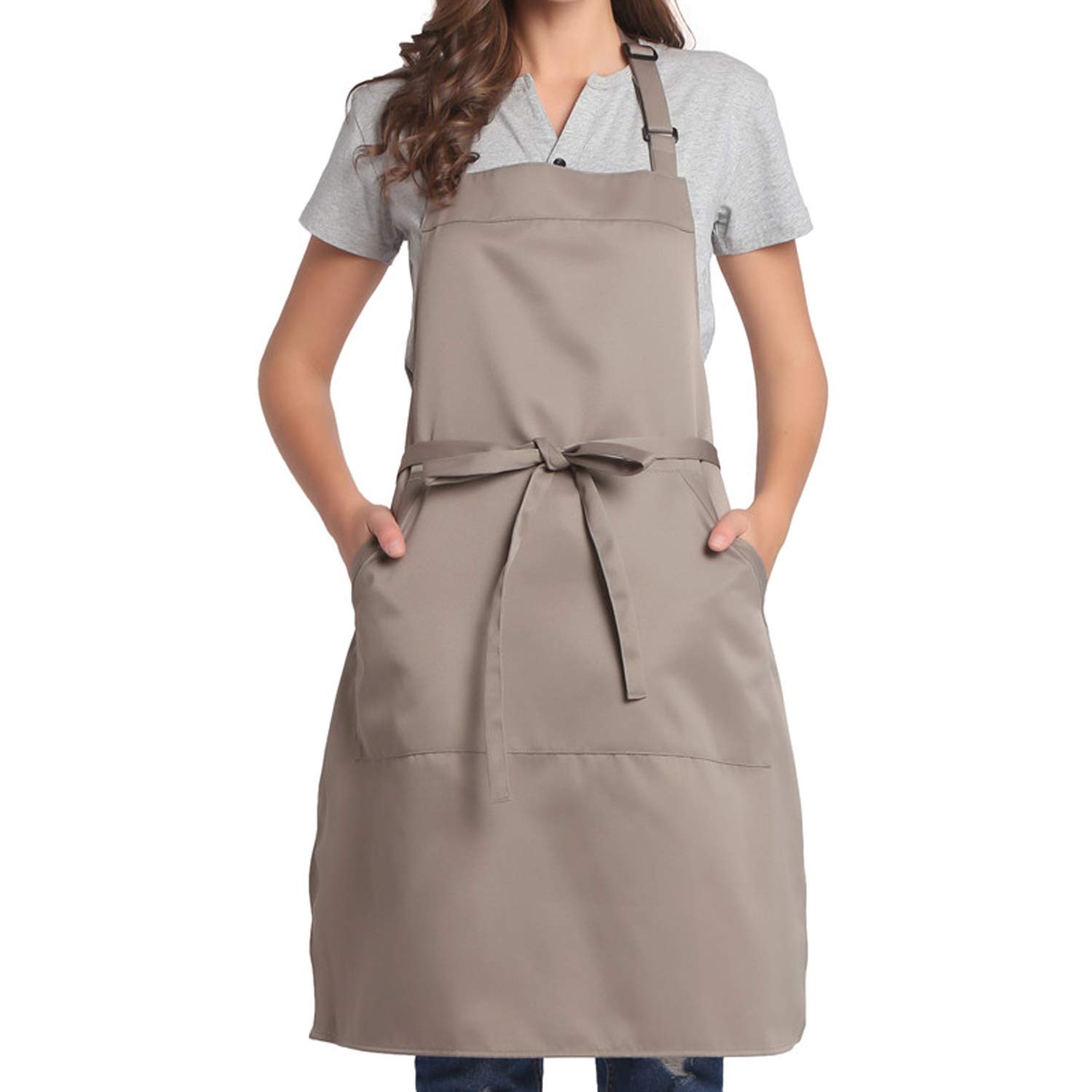 BIGHAS Adjustable Bib Apron with Long Ties for Women Men 18 Colors Chef Kitchen Cooking (Tan)