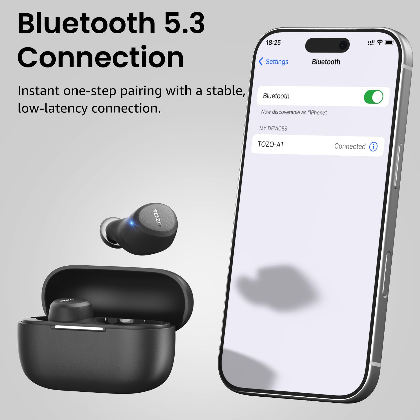 TOZO A1 In-Ear Kopfhörer Kabellos Bluetooth 5.3 mit 2 Mikrofonen für KI-Anrufe, App-Steuerung, 32 Std. Wiedergabe, IPX5 Wasserdicht, Tiefer Bass, Leicht und Bequem für kleine Ohren – Schwarz 9