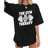 Lytiarul Funny Gym Shirts for Women Workout Weight Lifting Tshirts Weightlifting Graphic Oversized Gym is My Therapy Tee Tops