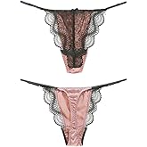 SilRiver Women's Satin Silk G-String Thongs Sexy Panties Luxury Tangas Lingerie with Adjustable Straps & Contrast Black Lace