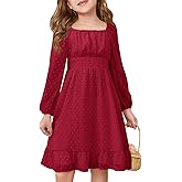 Haloumoning Girls Long Sleeve Dress Kids Ruffle Tiered Dress Swiss Dot Flowy A Line Dresses 5-14 Years