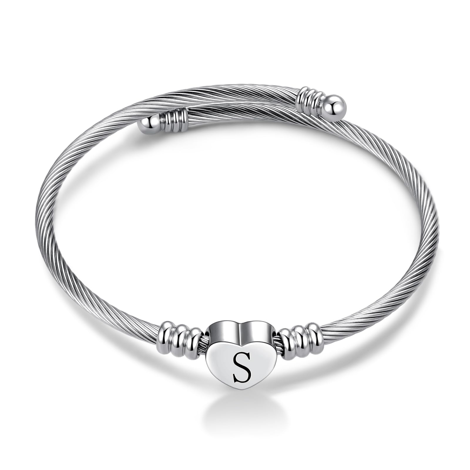 FGT S Initial Love Heart Letter Cuff Bangle Bracelets for Women Name Family Birthday Christmas Stainless Steel Alphabet Silver