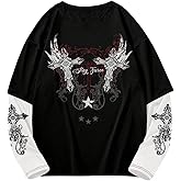 GORGLITTER Men's Y2k Goth Shirt Jersey Letter Graphic Color Block Oversized Long Sleeve Crewneck Vacation Tee Tops