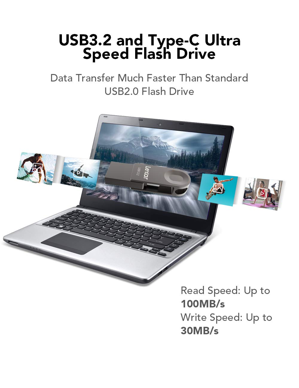 Lexar E32C 64GB Type-C USB Flash Drive, USB-A&USB-C 3.2 Gen 1 Dual Drive OTG 100MB/s Read, Thumb Drive Swivel Design Jump Drive for USB 3.0/2.0, Memory Stick for Android Smartphone, Laptop, PC
