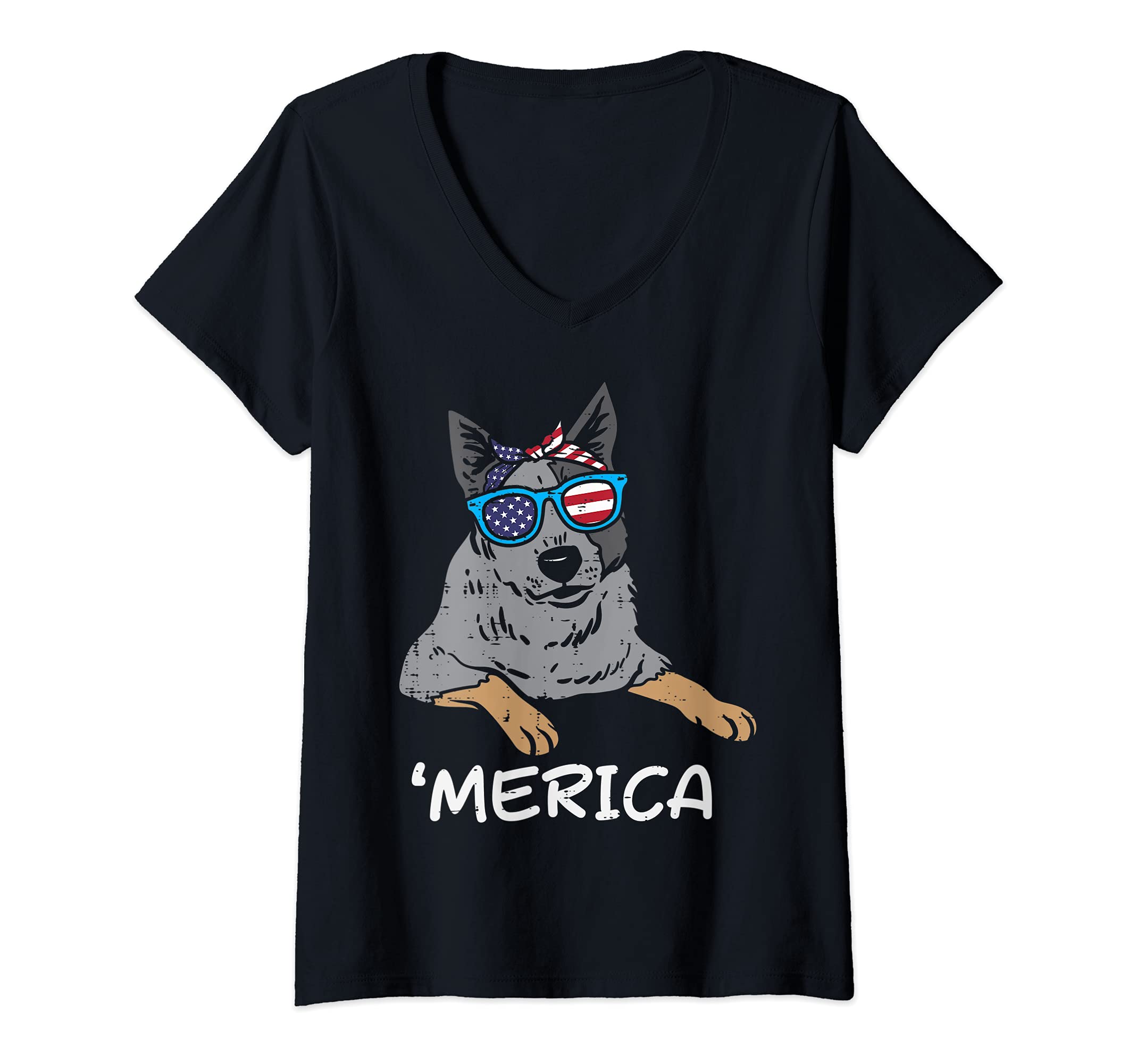 Womens Merica Heeler Cattle Dog American USA 4th Of July Fourth Dog V-Neck T-Shirt