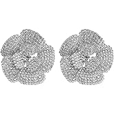 Crystal Flower Stud Earrings for Women Girls Silver Plated Exaggerated Clear Crystal Cluster Wedding Statement Earring Elegant Birthday Christmas Anniversary Party Jewelry Delicate Present