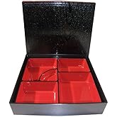 JapanBargain 1923, Red and Black Japanese Traditional Plastic Lacquered Lunch Bento Box 5 Compartments for Restaurant or Home Tray Plate and Lid 3pc Set Made in Japan, 9.5"x9.5"