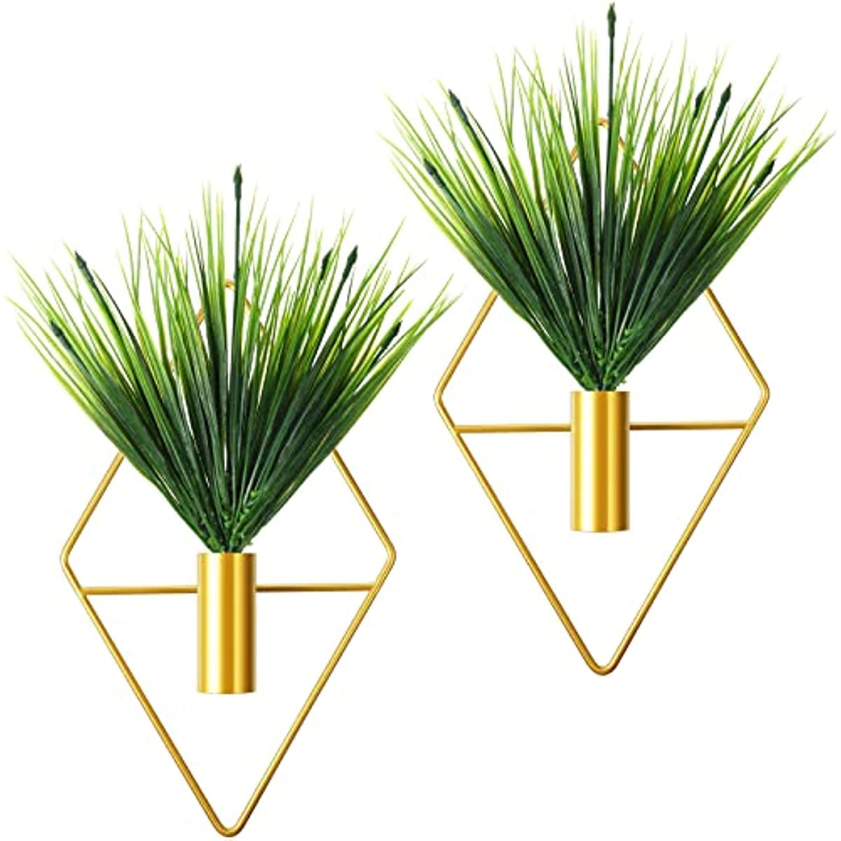 2 Pcs Hanging Planters with Artificial Aquatic Plants Metal Hanging Vase Indoor Plants Holder Wall Decor for Home Living Room Office (Gold Grass)