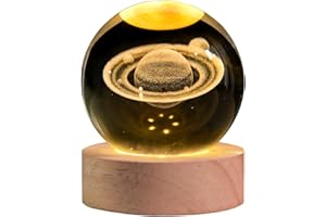QIANCHANG 3D Saturn Crystal Ball Night Light with LED Stand, Saturn Planet Figurine Lamp Decoration Glass Sphere Paperweight Decorative Balls(2.4 in)