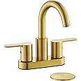 TimeArrow Brushed Gold 2 Handle Centerset Bathroom Sink Faucet with Drain Assembly, High Arc Modern 4 Inch Bathroom Vanity Lavatory Faucet 3 Holes with Brass 360° Swivel Spout, TAF067E-PB