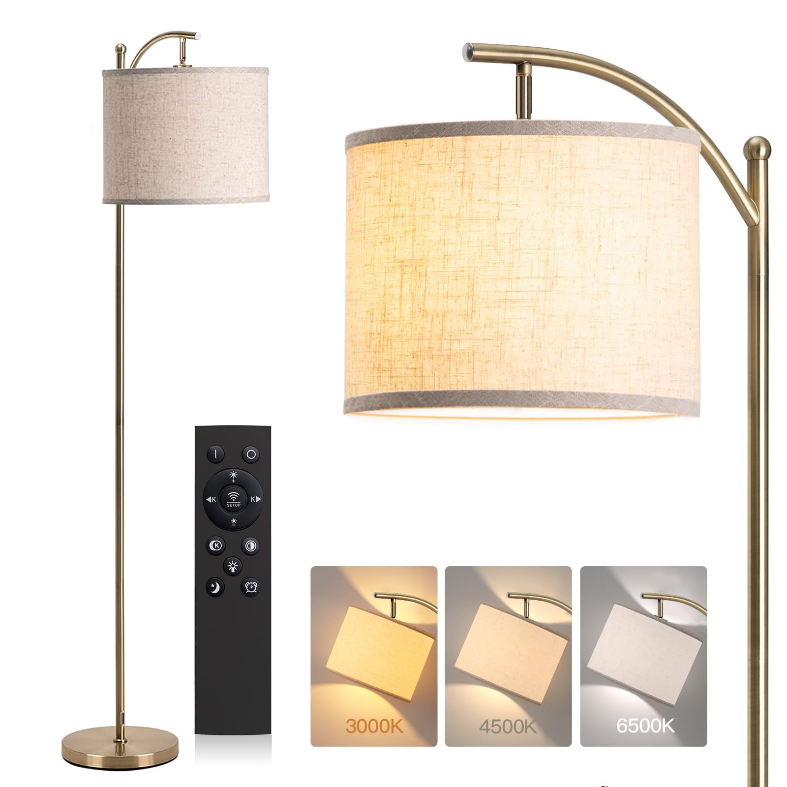 addlon Floor Lamp for Living Room with Remote, Dimmable Standing lamp with Linen lampshade for Bedroom, Office, Lamps with 9W LED Bulb Included - Brass Gold with Beige Shade Image addlon Floor Lamp for Living Room with Remote, Dimmable Standing lamp with Linen lampshade for Bedroom, Office, Lamps with 9W LED Bulb Included - Brass Gold with Beige Shade Image