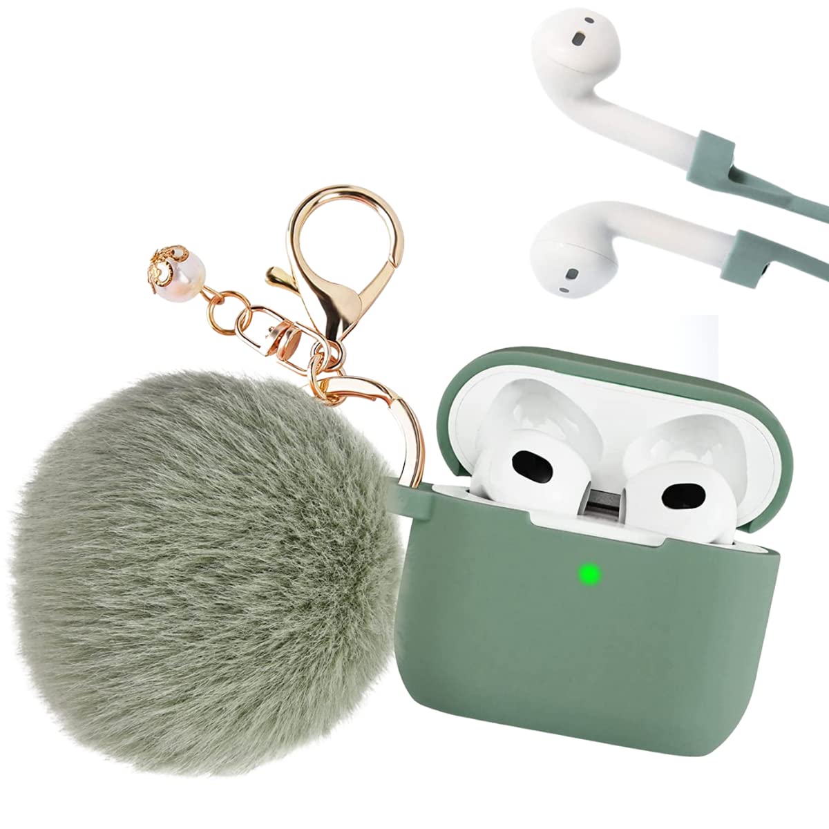 PERSONALLY YOURZ AirPod 3 Case Designer Airpods 3rd Generation Case With Fluffy Pompom 【Support Wireless Charging】Offer maximum Protection Light Weight Premium Grade Silicone (Cactus/Sage Green)