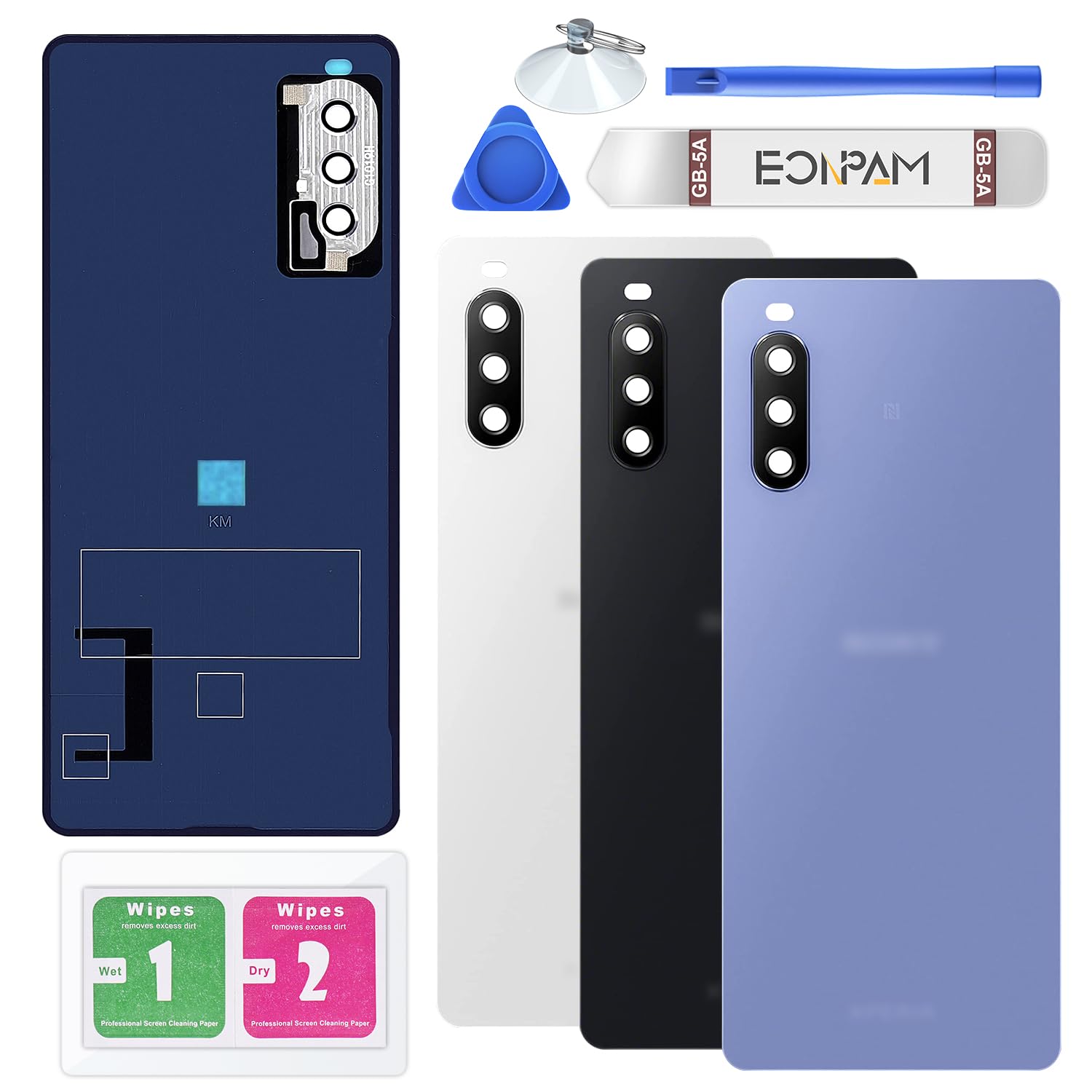Eonpam Back Cover Glass for Sony Xperia 10 III Rear Glass Replacement with Camera Lens + Repair Kit Rear Housing (Blue)