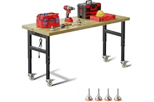 FLAWNT 60" Adjustable Work Bench,Hardwood Top Garage Work Bench Table,Heavy Duty 2000 LBS Load Worktable,Rolling Mobile Workbench with Power Strip for Workshop Office Home