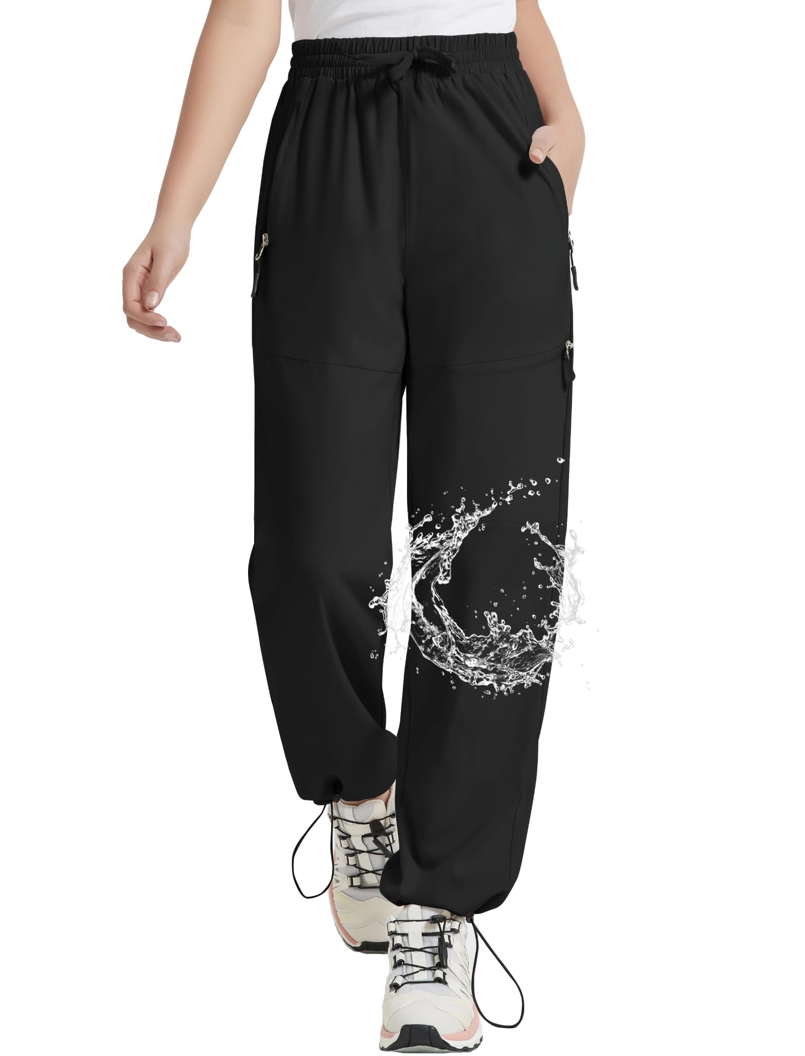 Photo 1 of EXARUS Girls Hiking Pants Joggers Kids Quick Dry Waterproof Cargo Athletic High Waisted Lightweight Zip Pockets Black 14Y