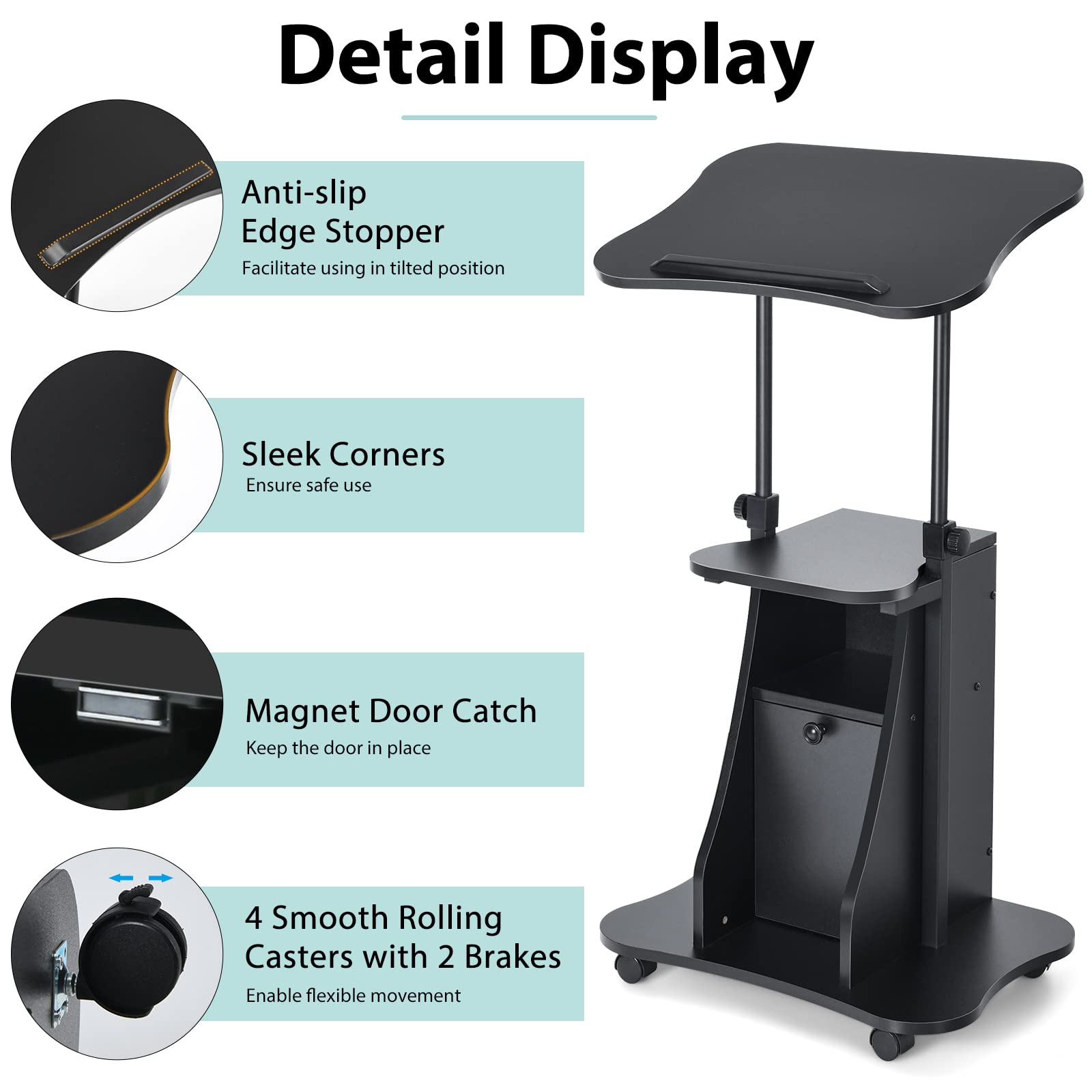 Tangkula Mobile Laptop Podium - Height Adjustable Sit To Stand Desk With Storage & Wheels