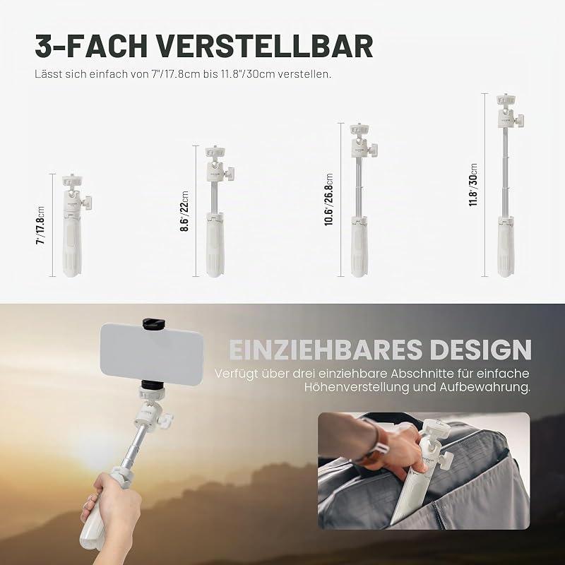 BASICS Mini Tisch Selfie Stick Stativ kompatibel mit iPhone GoPro Insta360 DJI, tragbare kleine Kamera, Webcam Android Handyhalterung, Kugelkopf, erhöhte Achse, Videoaufnahme Ständer, TP43 Weiß