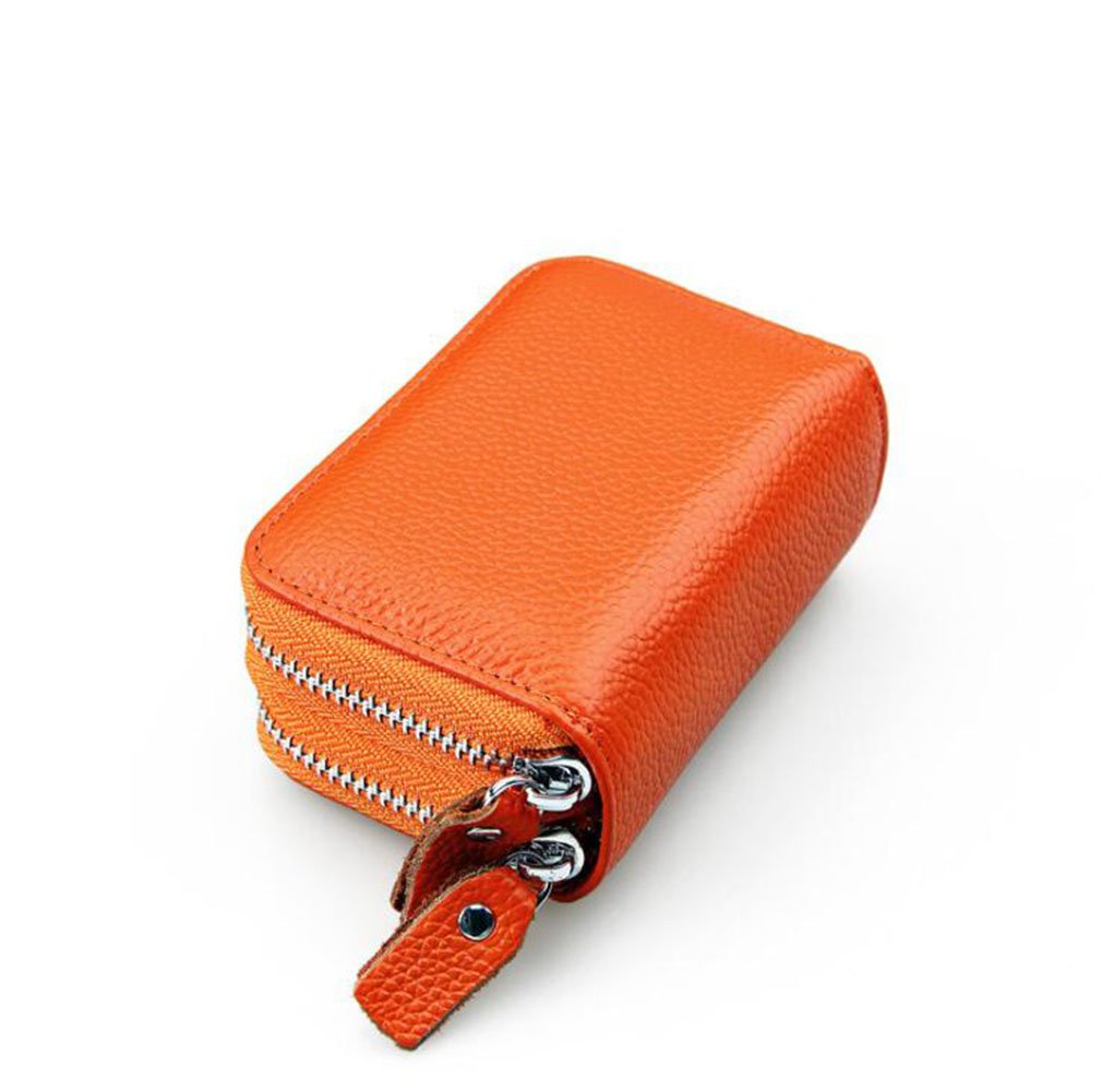 AprinCtempsD RFID Blocking Women's Credit Card Holder Genuine Leather Ladies Small Coin Purse Men's Mini Card Wallet with Double Zipper (Orange)