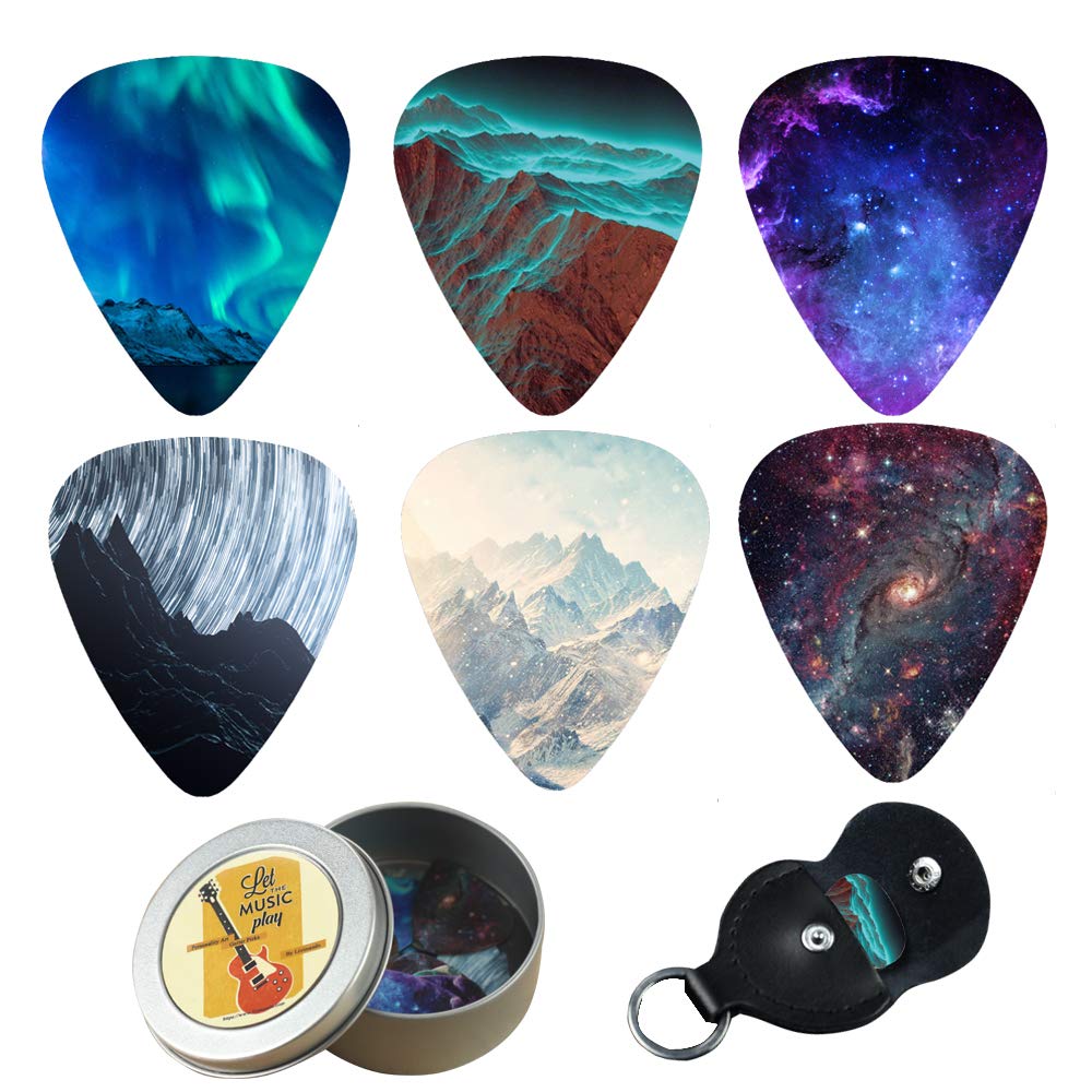 Guitar Picks - Czzmy 12 Medium Gauge Celluloid Guitar Picks In a Box W/Picks Holder. Unique Guitar Gift For Bass, Electric & Acoustic Guitars (12-Natural Image)