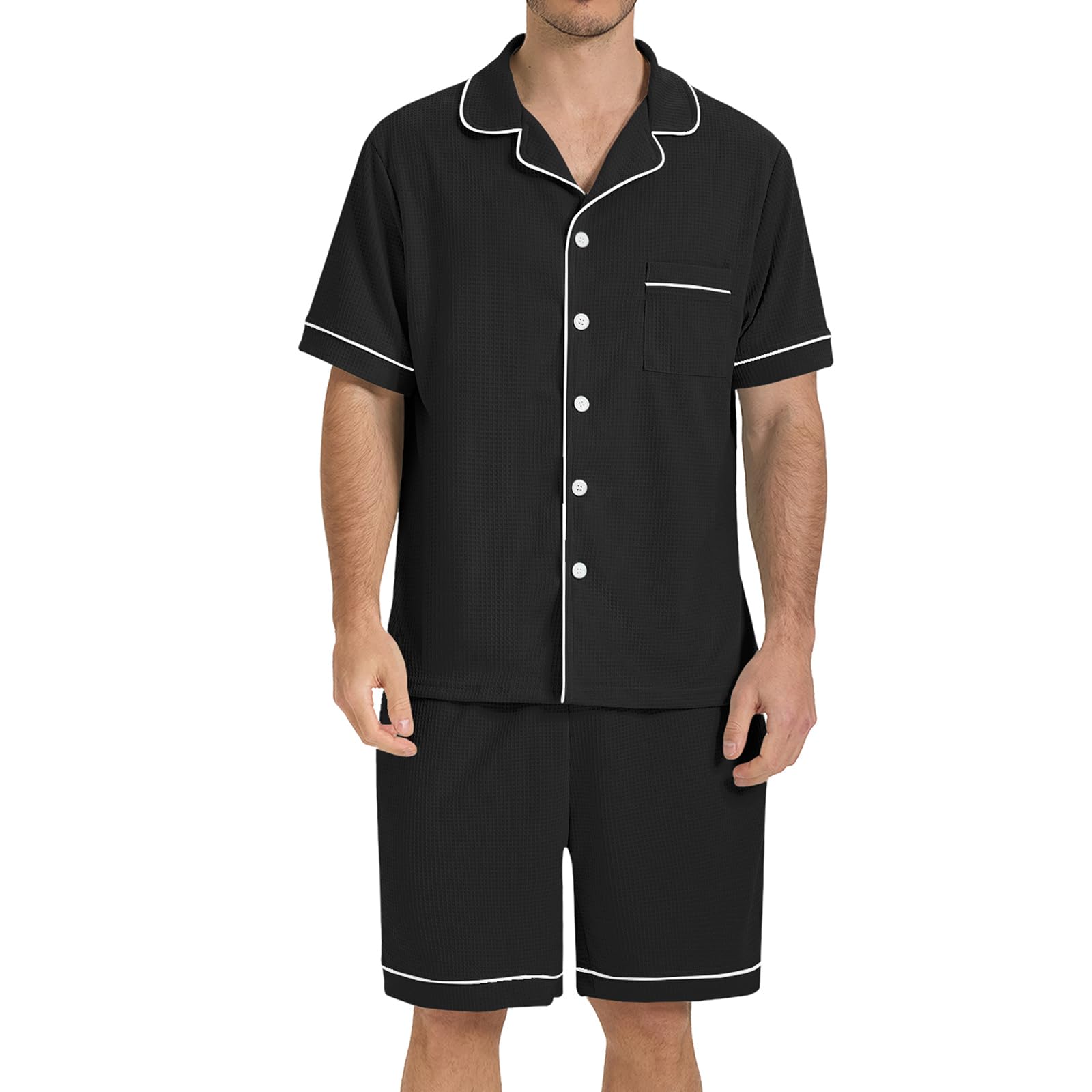 Photo 1 of **MISSING SHIRT** SIORO Mens Pajamas Set Short Sleeve Sleepwear Button Down Pjs Set Waffle Knit Loungewear Nightwear Shorts Set with Pockets Black