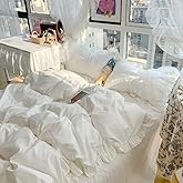 Nayoroom White Ruffle Duvet Cover Set Queen Size Vintage Ruffled Fringe Comforter Cover Solid Color Farmhouse Rustic Bedding Soft Microfiber,Zipper Closure,2 Sham