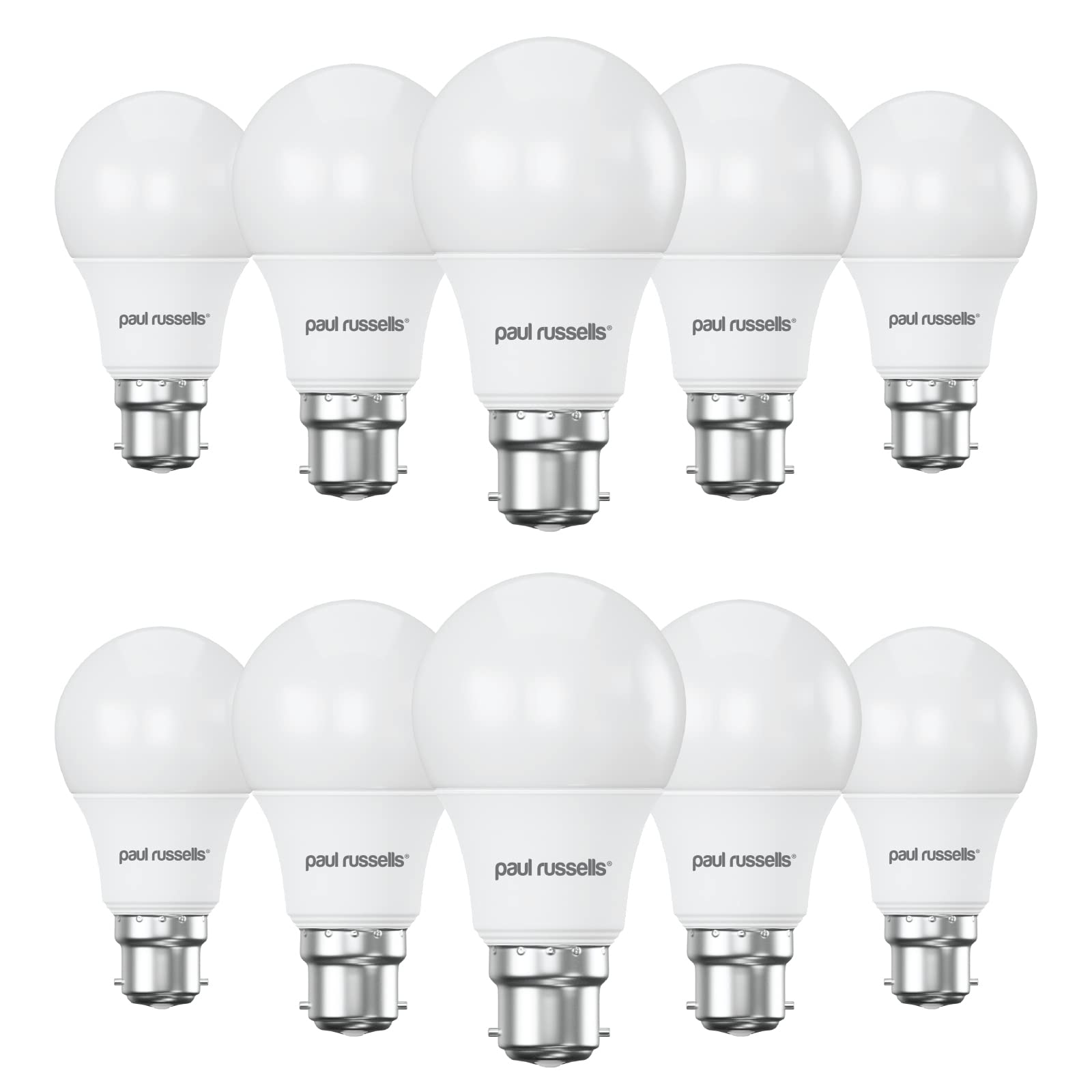 Paul Russells LED GLS Light Bayonet Cap BC, 60w Equivalent, 8watt 806LM LED Bulbs, 2700K Warm White Lamp, Classic Frosted A60 Standard B22 Energy Saving Non-Dimmable Large Globe Lightbulbs, Pack of 10