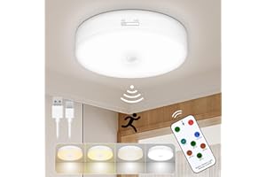 TOOWELL Rechargeable Motion Sensor Light with Remote, Battery Operated Ceiling Light 5 Brightness & 4 Color Temperature Dimmable Wireless LED Closet Light for Shower Shed Pantry Hallway Porch