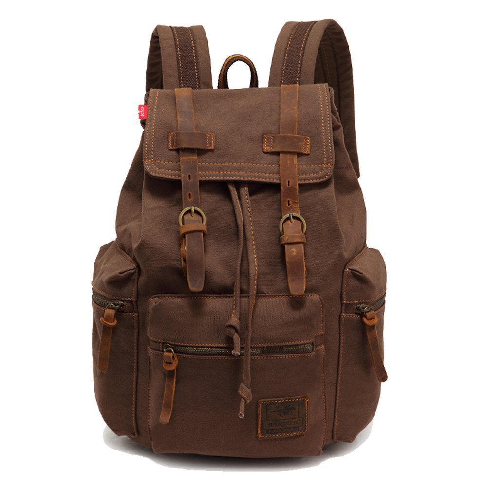 Vintage Unisex Casual Leather Backpack Canvas Rucksack Bookbag Satchel Hiking Backpack Travel Outdoor Shouder Bag