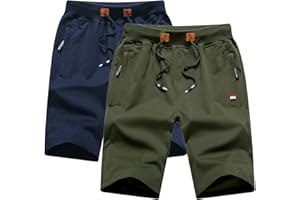 GUNLIRE Big Boy's Casual Shorts Summer Cotton Classic Fit Elastic Waist Shorts with Zipper Pockets