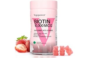 VEGEPOWER Biotin 10000mcg Hair Growth Gummies - Vegan Biotin Supplement Supports Healthy Hair, Skin and Nails, Non-GMO Hair Vitamin Gummy for Women Men Strawberry 60 Bears
