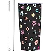 FEYAMYUN Colorful Paw Tumbler, Dog Footprint 20oz Stainless Steel Travel Coffee Mug with Lid Straw, Dog Cat Paws Thermal Travel Cups Double Wall Vacuum Insulated Coffee Cup for Hot and Cold Drinks