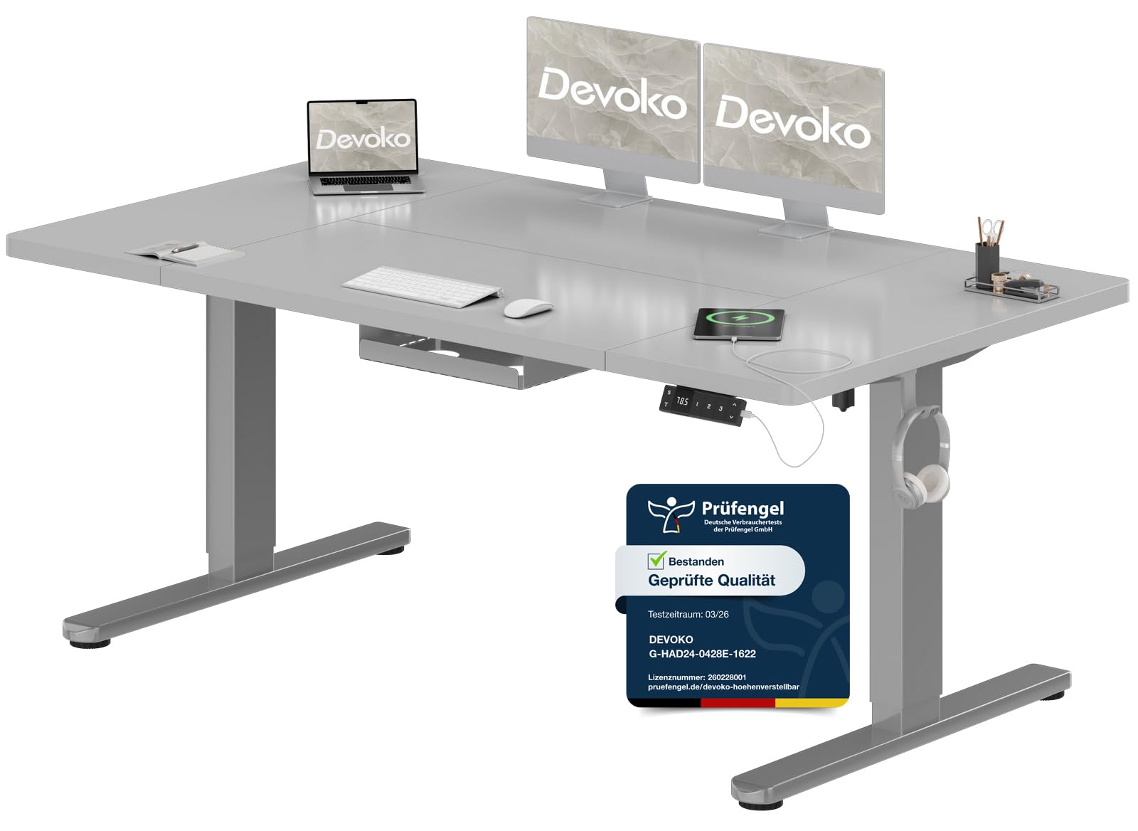 Devoko Höhenverstellbarer Schreibtisch 160x80cm mit Typ-C Ladeanschluss, Schreibtisch Höhenverstellbar Elektrisch, Mobiler Elektrisch Computertisch mit Kabel Management Tray, Grau