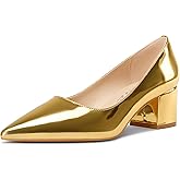 Aachcol Womens Chunky Block Mid Heel Pumps Pointed Toe Slip-on Office Party Dress Patent Leather Shoes 2.0 Inches Heels