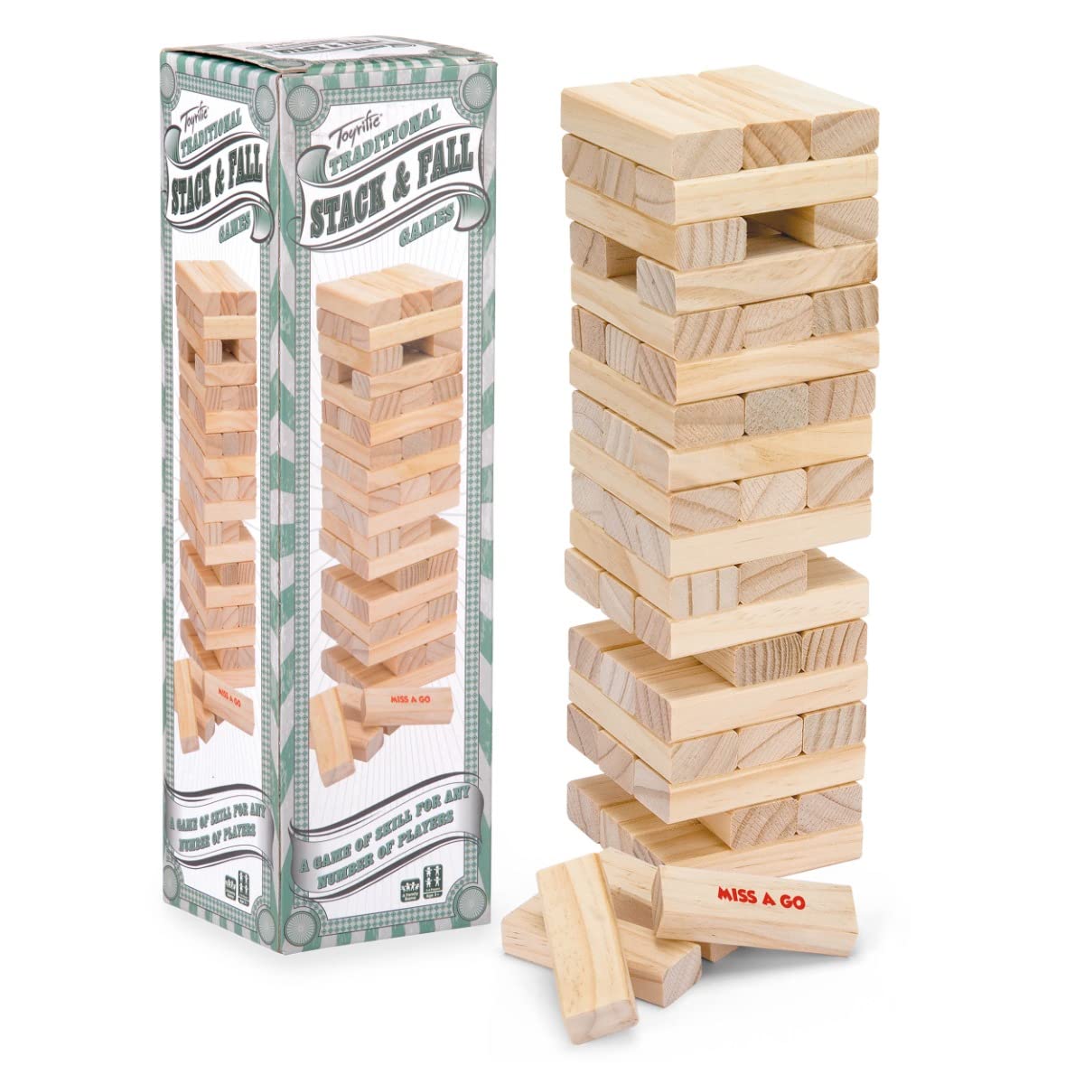 Toyrific Stack and Fall Tumble Tower Game Stacking Balance Game Set 57 Wooden Blocks