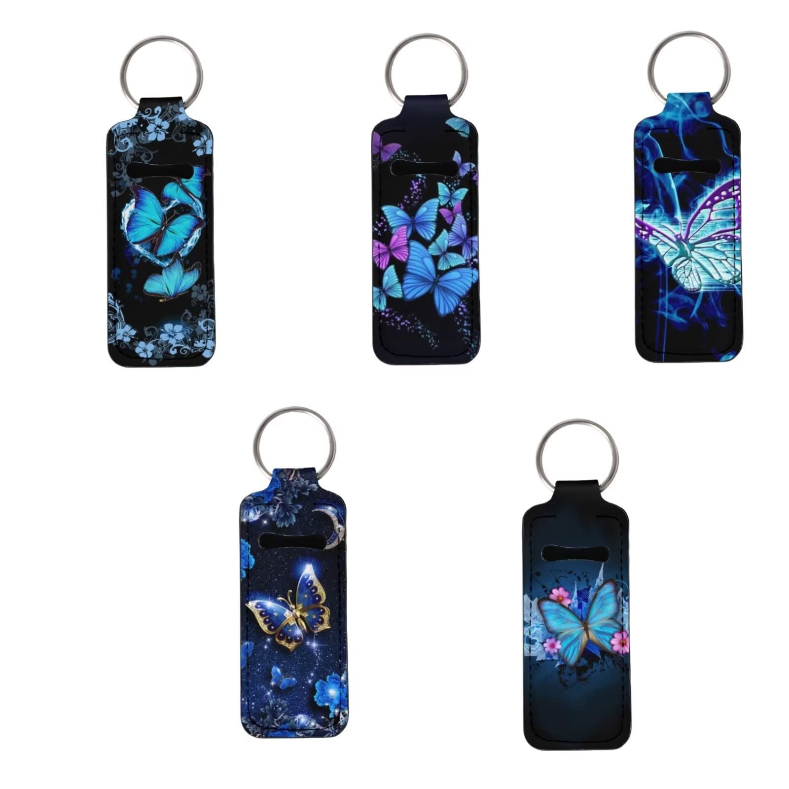 COEQINE Blue Butterfly Print 5Pcs Keychain Holder for Lipstick, Lip Balm Gloss, Neoprene, Women