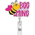 Valentine's Day Bee Mine Nurse Badge Reel Retractable Glitter Cute Pink Name Tag Acrylic Alligator Clip Valentines Badge Clip ID Badge Holder for Nurse Work Teacher RN Student Cop Office Staff
