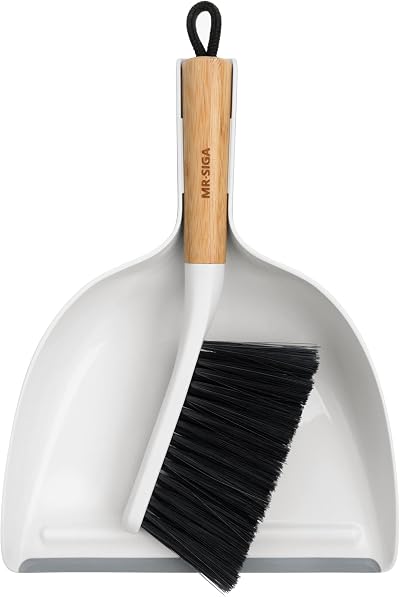 MR.SIGA Dustpan and Brush Set Bamboo Handle Portable Cleaning Combo White 1 Set