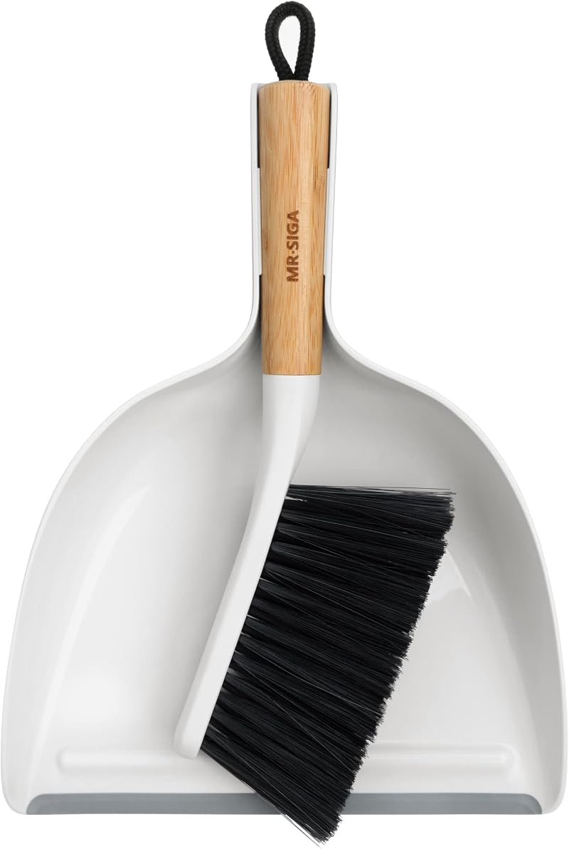 MR.SIGA Dustpan and Brush Set Bamboo Handle Portable Cleaning Combo White 1 Set
