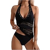 GORGLITTER Women's Crochet Halter Tankini Swimsuits Summer Bow Lace High Waisted Bathing Suit Beach Swim Wear 2025