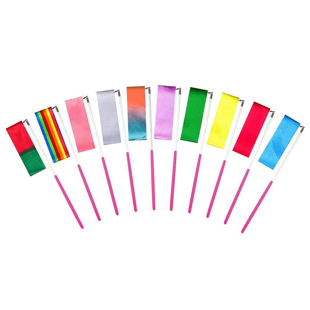 MUROAD 10 Pieces 2 Meter Art Gymnastics Rhythmic Ribbon Twirling Baton Rod,Gym Dance Ribbon Streamer and Stick for Children,10 Colours(Figure 1, Figure 2 random delivery)