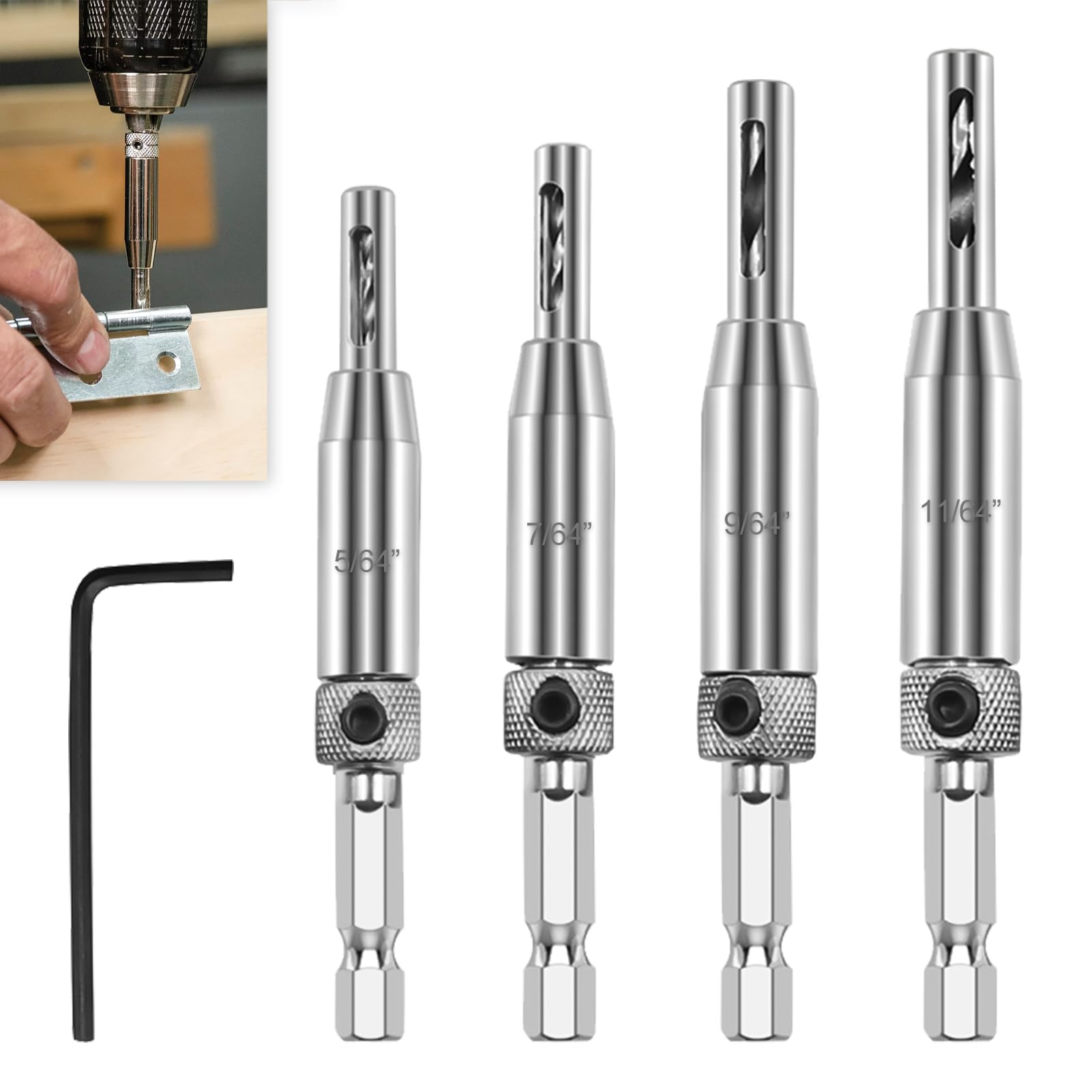 Qneneam 4 Pcs Hinge Drill Bit Set, Self Centering, HSS Material (5/64" 7/64" 9/64" 11/64")