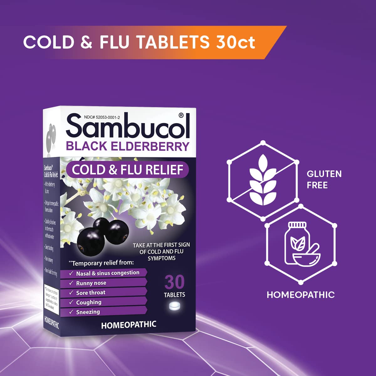 Sambucol Cold and Flu Relief Tablets - Homeopathic Cold Medicine, Remedy for Adults, Black Elderberry for Colds, Zinc Remedy - 30 Count