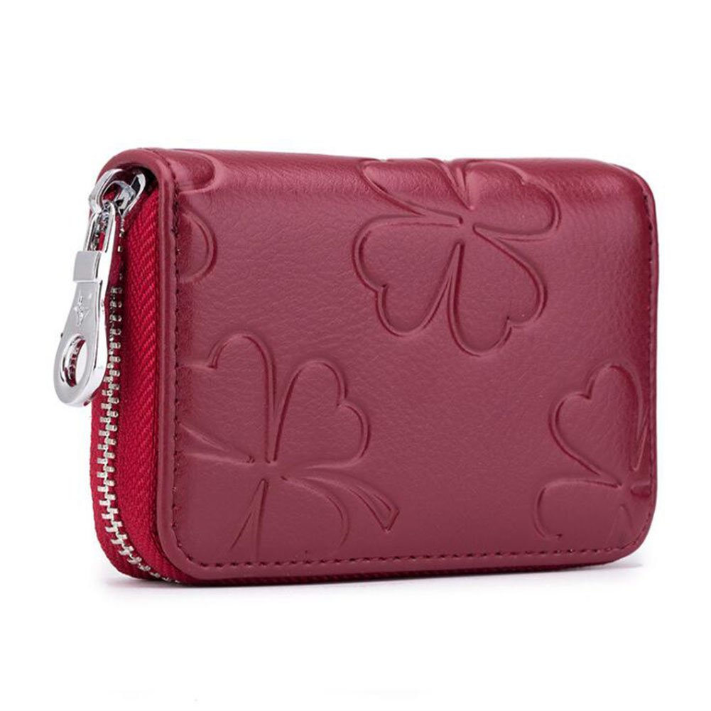 AprinCtempsD RFID Blocking Women's Credit Card Holder Genuine Leather Ladies Small Card Wallet with Zipper Mini Card Purse Floral Coin Purse (Wine red)