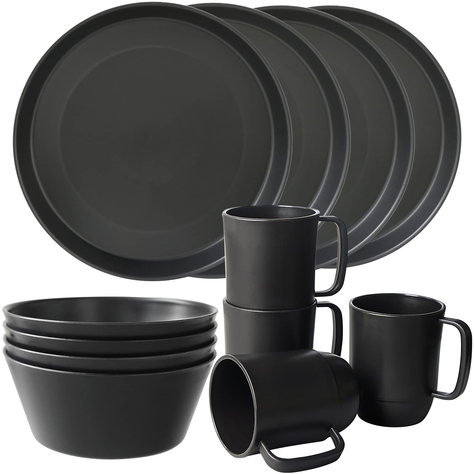 Greentainer Plastic Unbreakable Dinnerware Sets,12PCS Camping Tableware, Lightweight Plates, Bowls and Mugs, Microwave& Dishwasher Safe Plates Set, Service for 4, Great for Adults(Black)