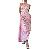 Milumia Women's Tie Dye One Shoulder Maxi Tank Dress Elegant Pleated Asymmetrical Hem Dresses